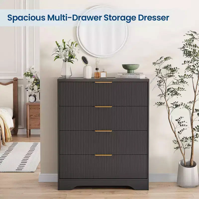 Commode à 5 tiroirs cannelée pour chambre à coucher, commode moderne de 120 cm de haut avec poignées en métal doré, commode en bois pour placard, salon, couloir