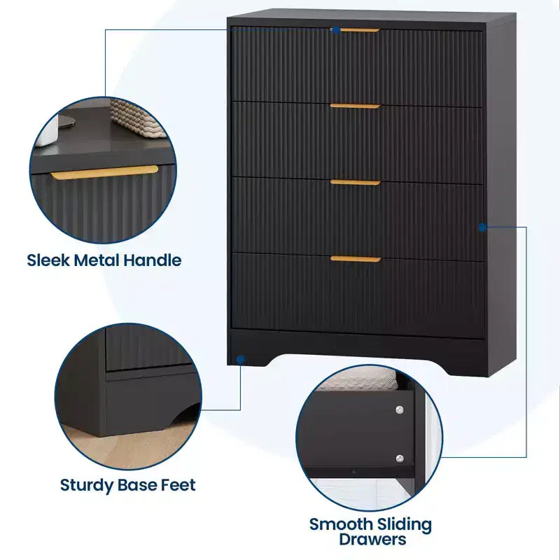 Commode à 5 tiroirs cannelée pour chambre à coucher, commode moderne de 120 cm de haut avec poignées en métal doré, commode en bois pour placard, salon, couloir