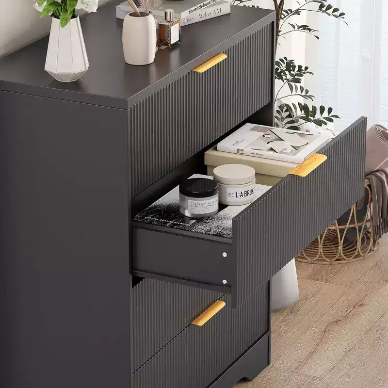 Commode à 5 tiroirs cannelée pour chambre à coucher, commode moderne de 120 cm de haut avec poignées en métal doré, commode en bois pour placard, salon, couloir