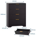 Commode à 5 tiroirs cannelée pour chambre à coucher, commode moderne de 120 cm de haut avec poignées en métal doré, commode en bois pour placard, salon, couloir