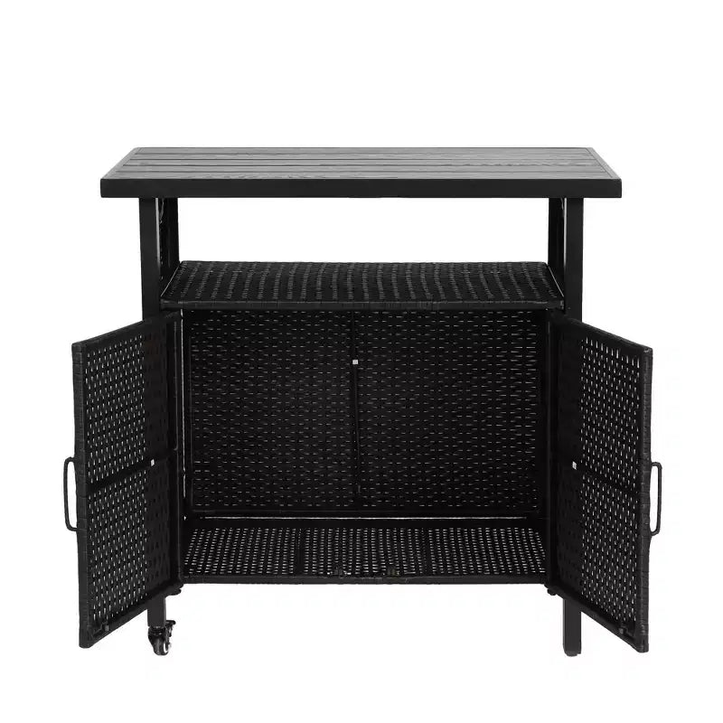 Chariot de bar pour l'extérieur en osier avec plateau en bois composite pour patio, noir, 35,43*19,69*35,43