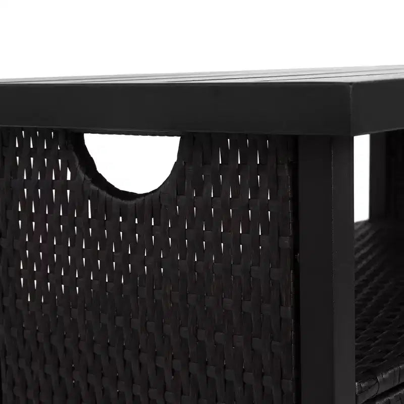 Chariot de bar pour l'extérieur en osier avec plateau en bois composite pour patio, noir, 35,43*19,69*35,43