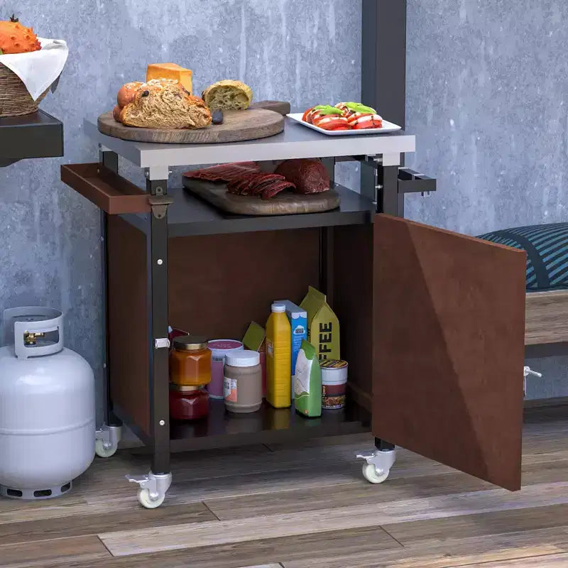 Chariot de bar pour extérieur avec plateau en acier inoxydable pour cuisine de terrasse, marron, 32,4*18,7*34,7