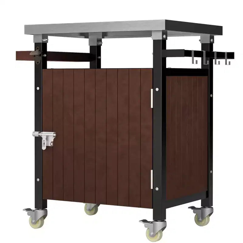 Chariot de bar pour extérieur avec plateau en acier inoxydable pour cuisine de terrasse, marron, 32,4*18,7*34,7
