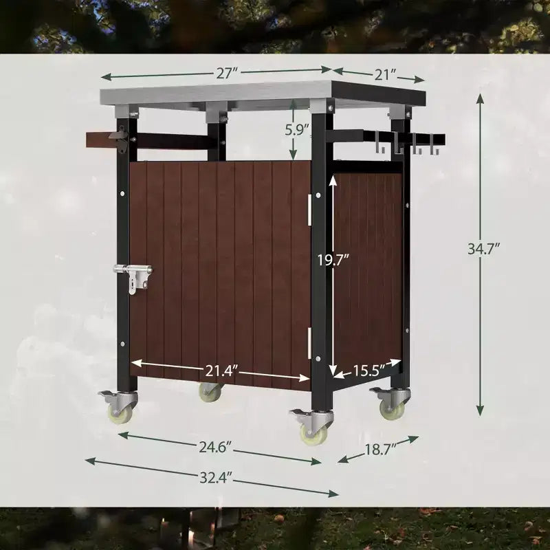Chariot de bar pour extérieur avec plateau en acier inoxydable pour cuisine de terrasse, marron, 32,4*18,7*34,7