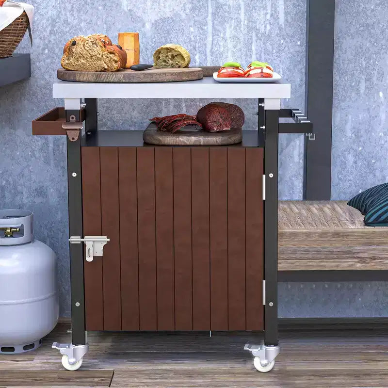 Chariot de bar pour extérieur avec plateau en acier inoxydable pour cuisine de terrasse, marron, 32,4*18,7*34,7