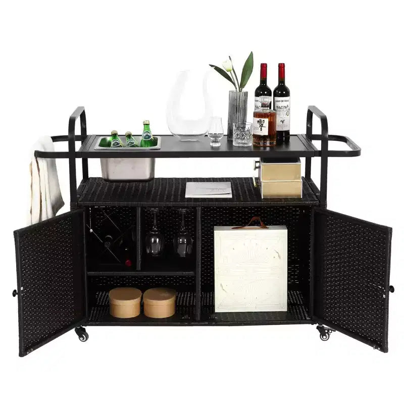 Chariot de bar d'extérieur en osier avec armoire et plateau en acier pour terrasse, Noir, 51.57*19.69*35.83