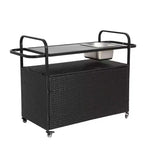 Chariot de bar d'extérieur en osier avec armoire et plateau en acier pour terrasse, Noir, 51.57*19.69*35.83