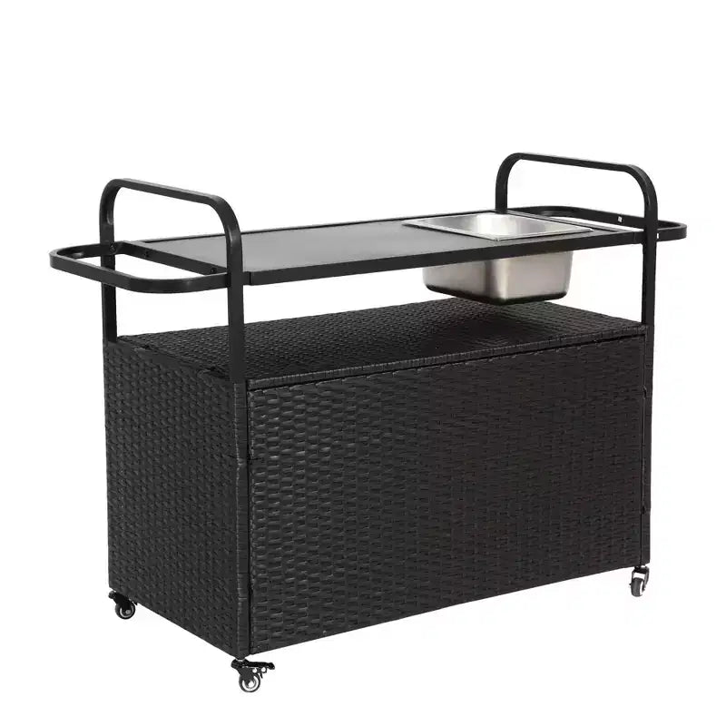 Chariot de bar d'extérieur en osier avec armoire et plateau en acier pour terrasse, Noir, 51.57*19.69*35.83