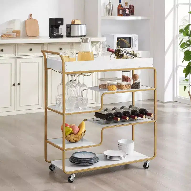 Chariot de bar de style rétro avec porte-bouteilles et porte-verres pour salon, doré, 35,63 x 13,98 x 40,35