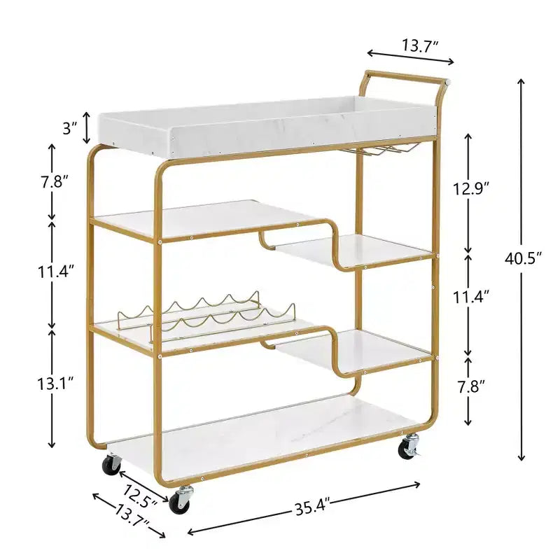Chariot de bar de style rétro avec porte-bouteilles et porte-verres pour salon, doré, 35,63 x 13,98 x 40,35