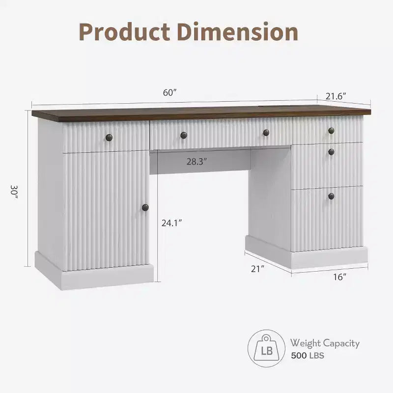 Bureau de direction 54 po avec tiroirs, bureau de télétravail cannelé avec classeur, bureau d'ordinateur en bois pour étude, table de conférence pour salon