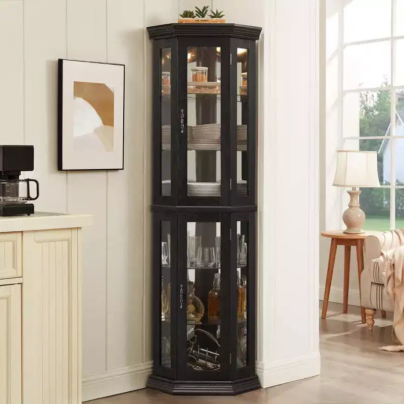 Lighted Corner Curio Cabinet - Glass Display Shelf with Tempered Glass Doors, Adjustable Shelving- Ideal Bar Cabinet for Home Decor-BLACK