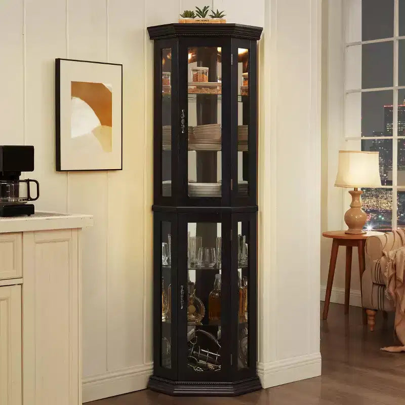 Vitrine d'angle éclairée - Étagère d'exposition en verre avec portes en verre trempé, étagères réglables - Meuble bar idéal pour la décoration intérieure - NOIR