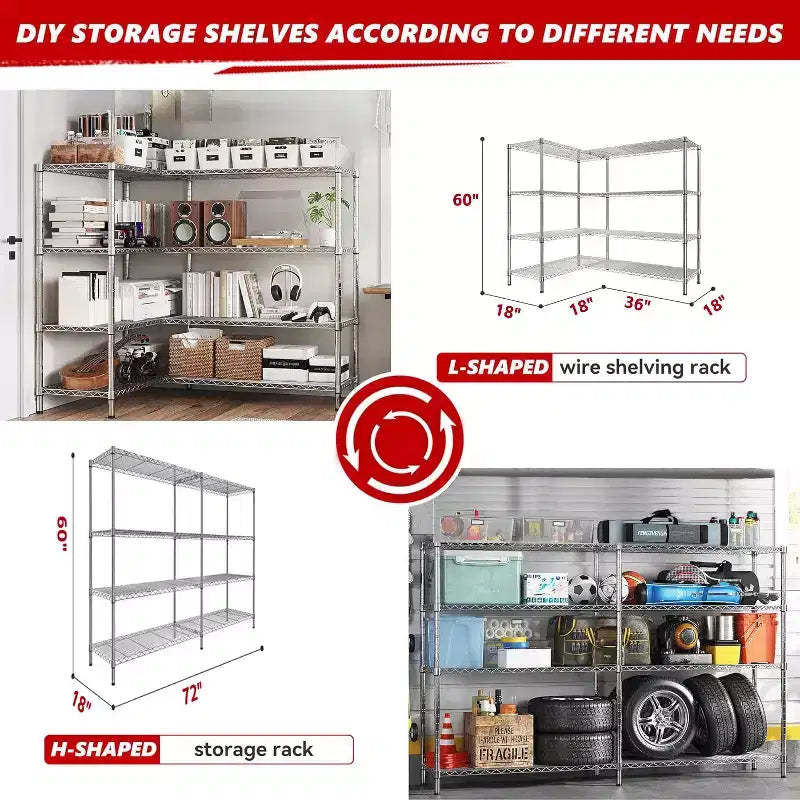 Étagère de rangement métallique robuste à 4 niveaux, étagères métalliques grillagées réglables 72W x 18D x 60H pour le stockage, unités d'étagères de rangement autoportantes de 1600 LBS
