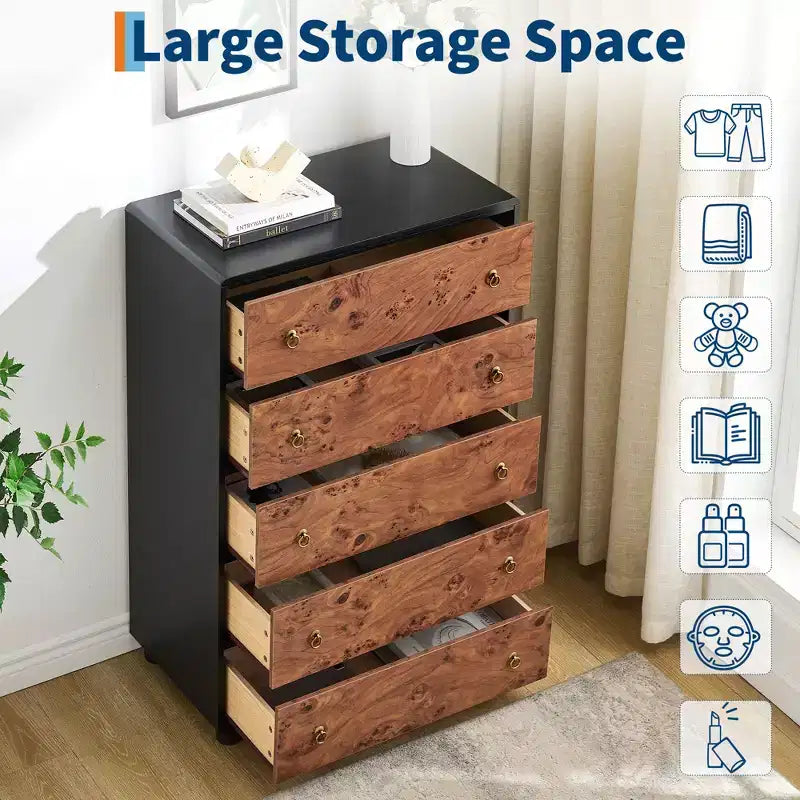 Commode à 5 tiroirs pour chambre à coucher, organisateur de rangement avec double poignée rustique, commode en bois meuble TV, commode pour placard, salon, couloir
