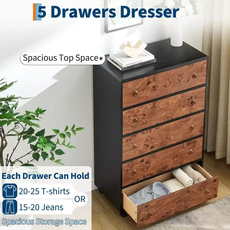 Commode à 5 tiroirs pour chambre à coucher, organisateur de rangement avec double poignée rustique, commode en bois meuble TV, commode pour placard, salon, couloir