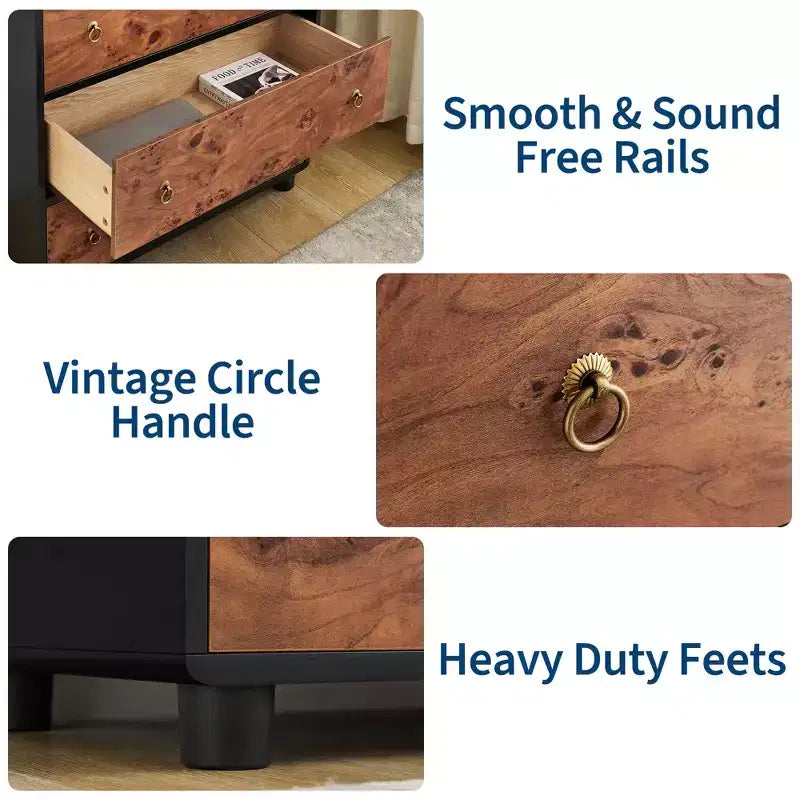 Commode à 5 tiroirs pour chambre à coucher, organisateur de rangement avec double poignée rustique, commode en bois meuble TV, commode pour placard, salon, couloir