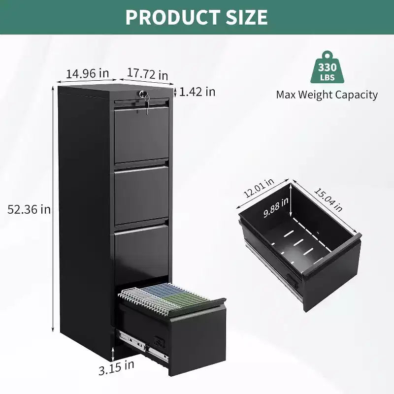 Classeur vertical à 4 tiroirs avec serrure, meuble de rangement en métal pour bureau à domicile, dossiers suspendus A4/lettre/légal