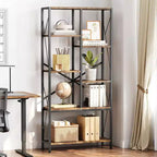 Coolmee Industrial Bookshelf, Split Level Vintage Storage Bookcase Tall Standing Metal Frame Open Display Racks for Bedroom, Living Room