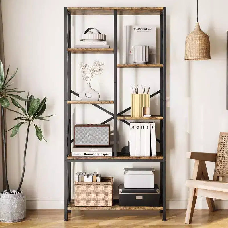 Étagère Industrielle, Bibliothèque Vintage à Niveaux avec Cadre Métallique, Étagères Ouvertes pour Chambre, Salon