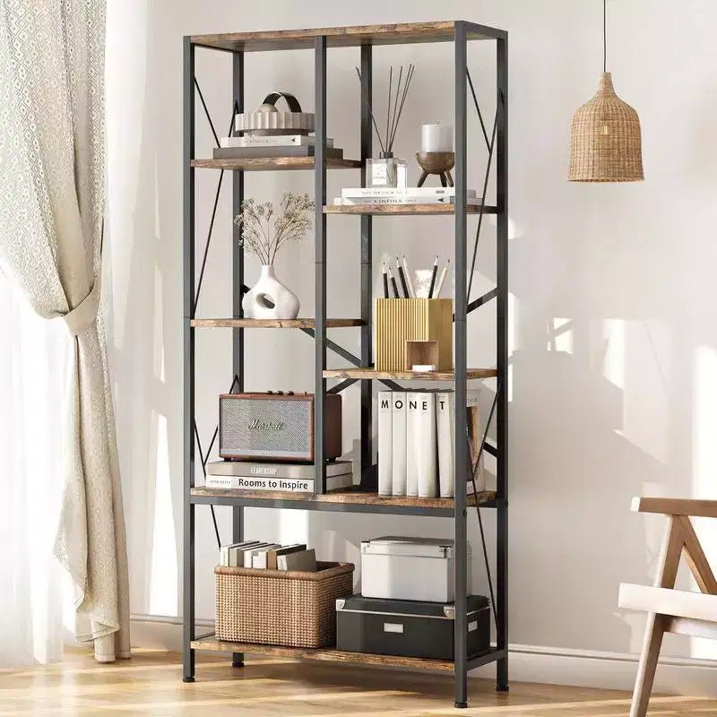 Étagère Industrielle, Bibliothèque Vintage à Niveaux avec Cadre Métallique, Étagères Ouvertes pour Chambre, Salon