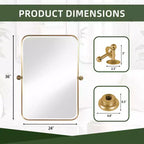 Miroir mural pivotant rectangulaire en fer doré 36 x 24, miroir de courtoisie inclinable pour salle de bain, miroir réglable bidirectionnel à cadre métallique pour chambre à coucher et salon
