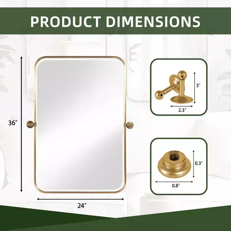 Miroir mural pivotant rectangulaire en fer doré 36 x 24, miroir de courtoisie inclinable pour salle de bain, miroir réglable bidirectionnel à cadre métallique pour chambre à coucher et salon