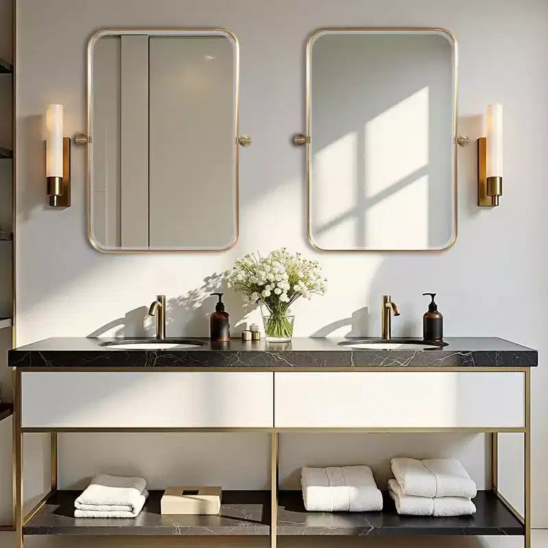 Miroir mural pivotant rectangulaire en fer doré 36 x 24, miroir de courtoisie inclinable pour salle de bain, miroir réglable bidirectionnel à cadre métallique pour chambre à coucher et salon