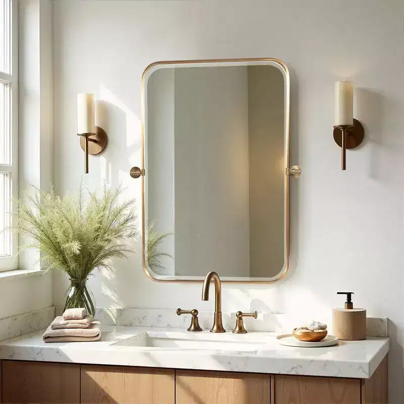 Miroir mural pivotant rectangulaire en fer doré 36 x 24, miroir de courtoisie inclinable pour salle de bain, miroir réglable bidirectionnel à cadre métallique pour chambre à coucher et salon