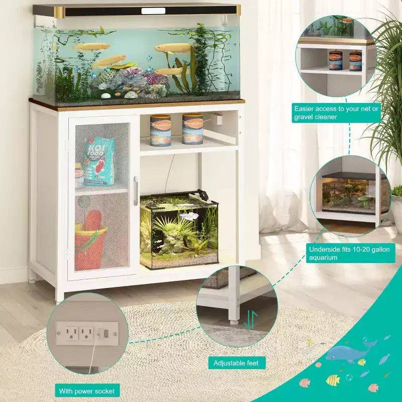 Meuble de support pour aquarium avec prises de courant, support d'aquarium en métal de 150-190 litres avec armoire pour le rangement des accessoires d'aquarium
