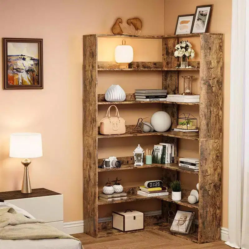 Étagère d'angle, étagère d'angle à 6 niveaux en forme de L avec déflecteurs, bibliothèque en bois