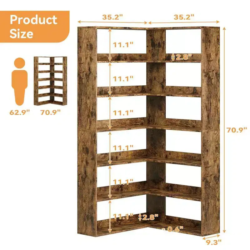 Étagère d'angle, étagère d'angle à 6 niveaux en forme de L avec déflecteurs, bibliothèque en bois