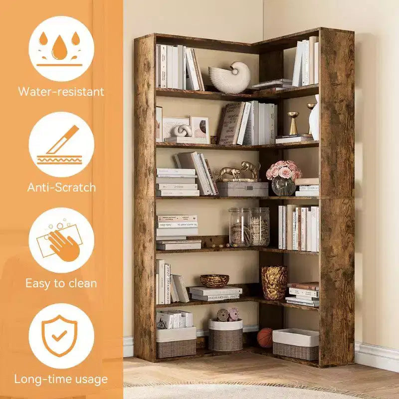 Étagère d'angle, étagère d'angle à 6 niveaux en forme de L avec déflecteurs, bibliothèque en bois