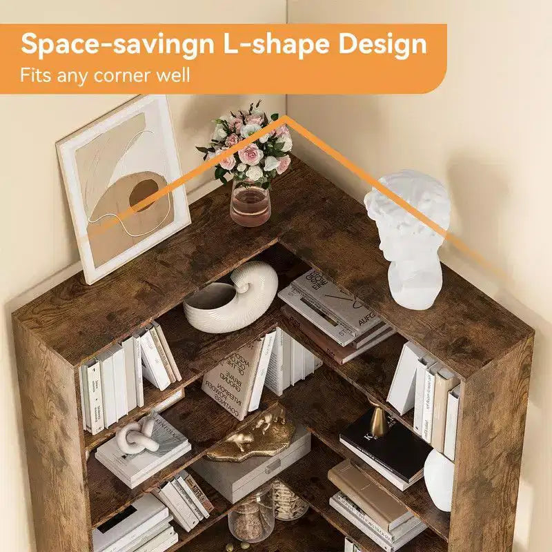 Étagère d'angle, étagère d'angle à 6 niveaux en forme de L avec déflecteurs, bibliothèque en bois