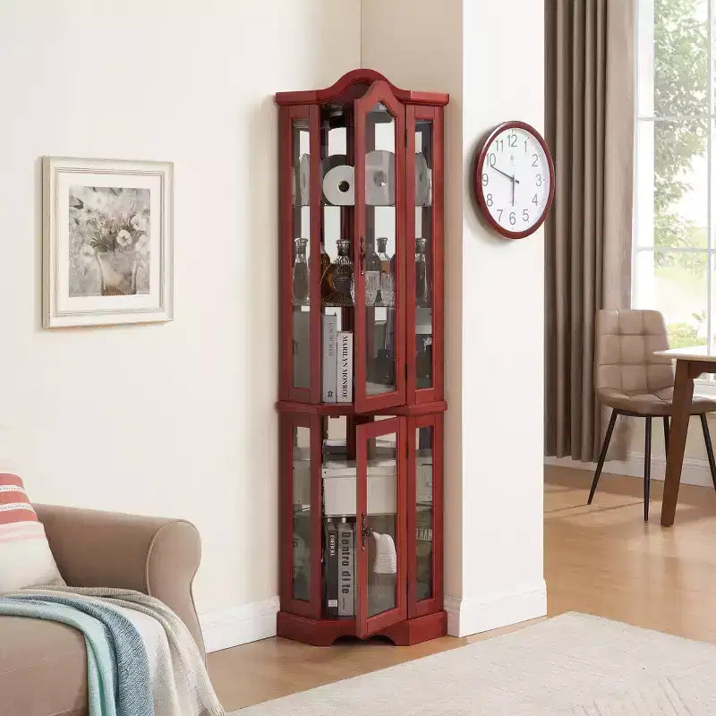 Vitrine d'angle éclairée avec portes et étagères en verre trempé - Meuble de rangement élégant pour la décoration du salon et de la chambre