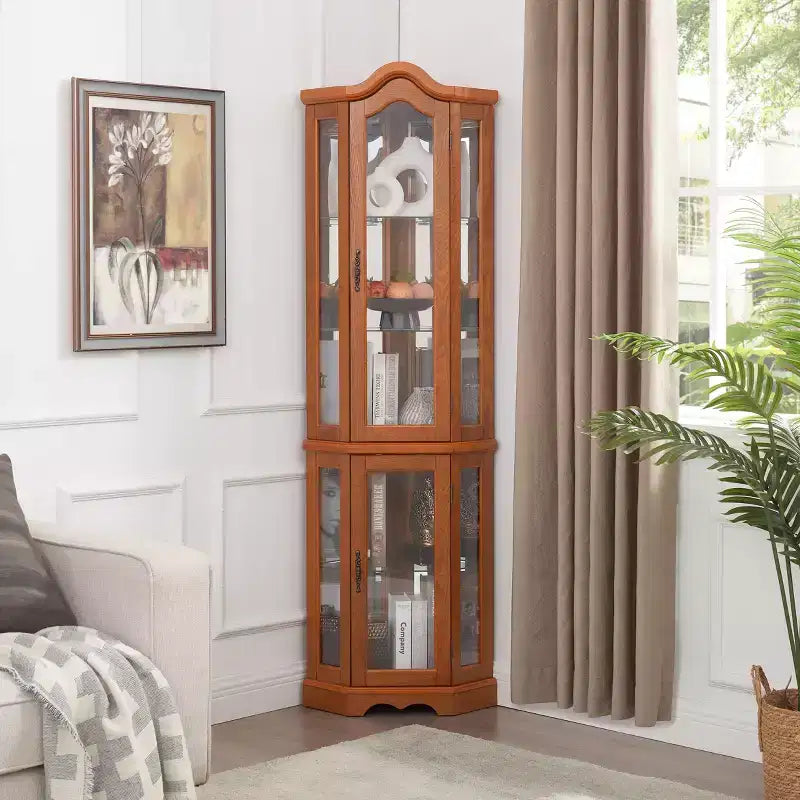 Vitrine d'angle éclairée avec portes et étagères en verre trempé - Meuble de rangement élégant pour la décoration du salon et de la chambre