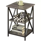 Tables d'appoint gigognes Belmont avec cadre en X en métal thermolaqué, surfaces aspect bois, design polyvalent et peu encombrant