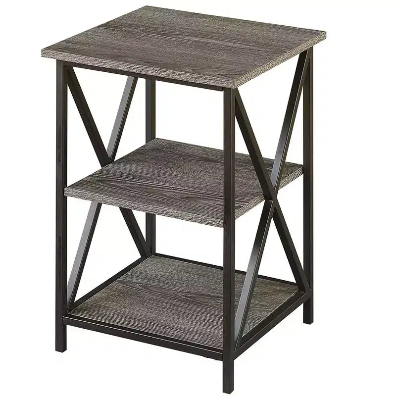 Tables d'appoint gigognes Belmont avec cadre en X en métal thermolaqué, surfaces aspect bois, design polyvalent et peu encombrant