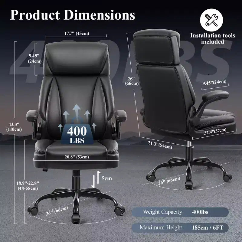 Chaise de bureau en cuir, grande chaise d'ordinateur de direction respirante en PU avec soutien lombaire, noire