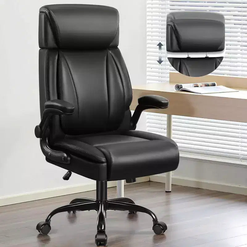Chaise de bureau en cuir, grande chaise d'ordinateur de direction respirante en PU avec soutien lombaire, noire