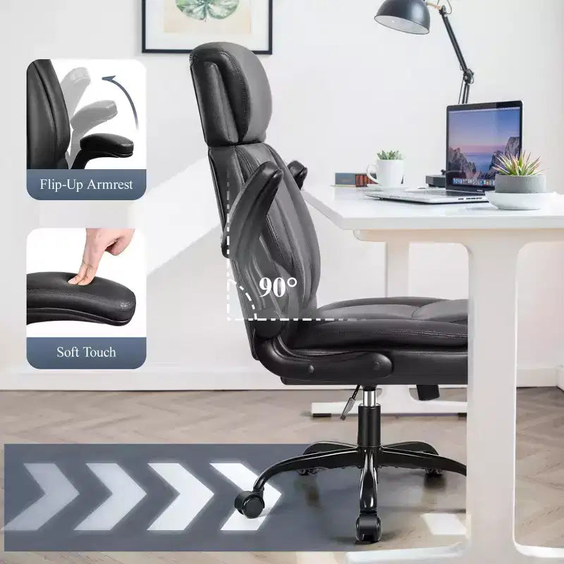 Chaise de bureau en cuir, grande chaise d'ordinateur de direction respirante en PU avec soutien lombaire, noire