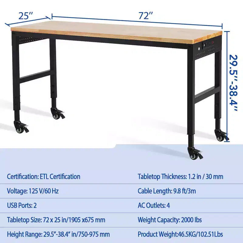 Établi réglable 75 x 25, table de travail robuste de 2000 lb avec roulettes et prise de courant, table polyvalente pour atelier de garage