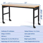 Établi réglable 75 x 25, table de travail robuste de 2000 lb avec roulettes et prise de courant, table polyvalente pour atelier de garage