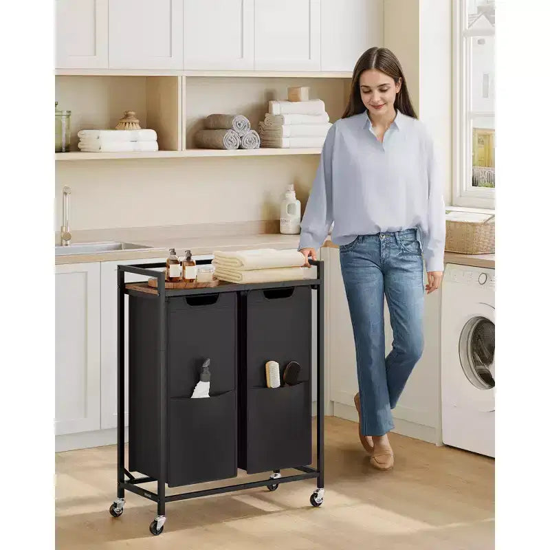 Laundry Sorting Cart with 2 Removable Bags, Pull-Out Design, Top Storage Shelf and Locking Wheels