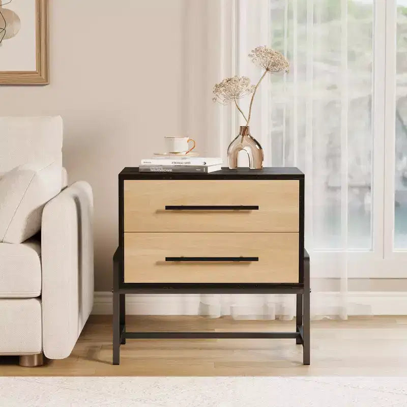 Petite table de chevet à 2 tiroirs, petite table de nuit d'appoint avec cadre en métal, meuble de chevet moderne pour chambre à coucher, couloir, placard, petit espace