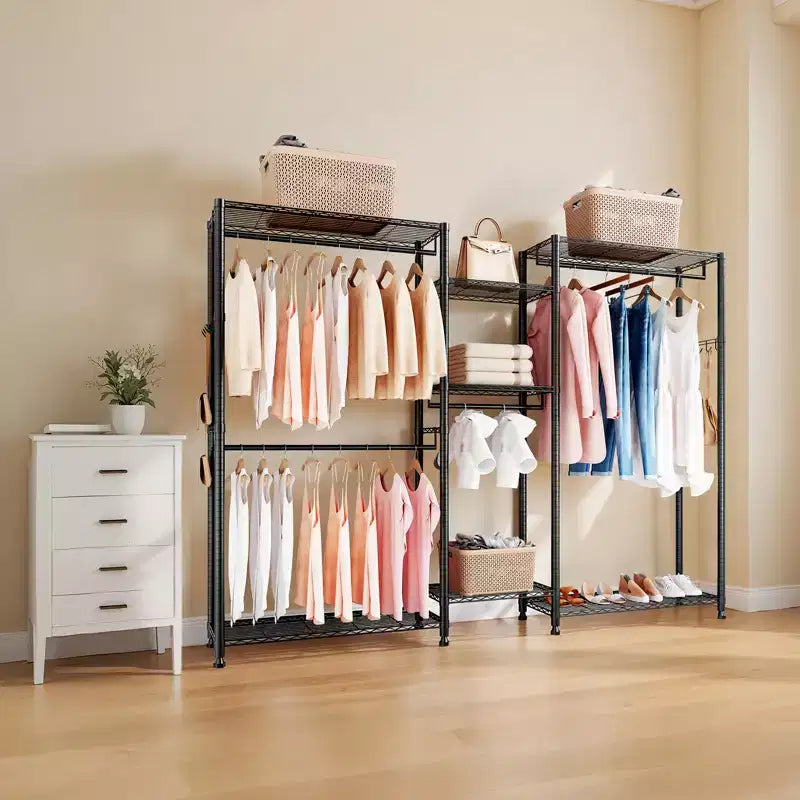 Portant à vêtements, Armoire robuste, 7 étagères réglables avec cadre en acier, capacité de charge de 385 kg avec 4 tringles, Noir