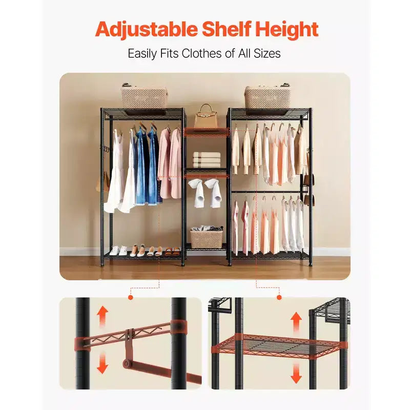 Portant à vêtements, Armoire robuste, 7 étagères réglables avec cadre en acier, capacité de charge de 385 kg avec 4 tringles, Noir