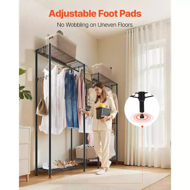 Portant à vêtements, Armoire robuste, 7 étagères réglables avec cadre en acier, capacité de charge de 385 kg avec 4 tringles, Noir