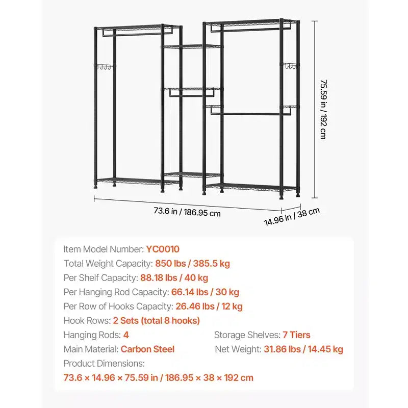 Portant à vêtements, Armoire robuste, 7 étagères réglables avec cadre en acier, capacité de charge de 385 kg avec 4 tringles, Noir